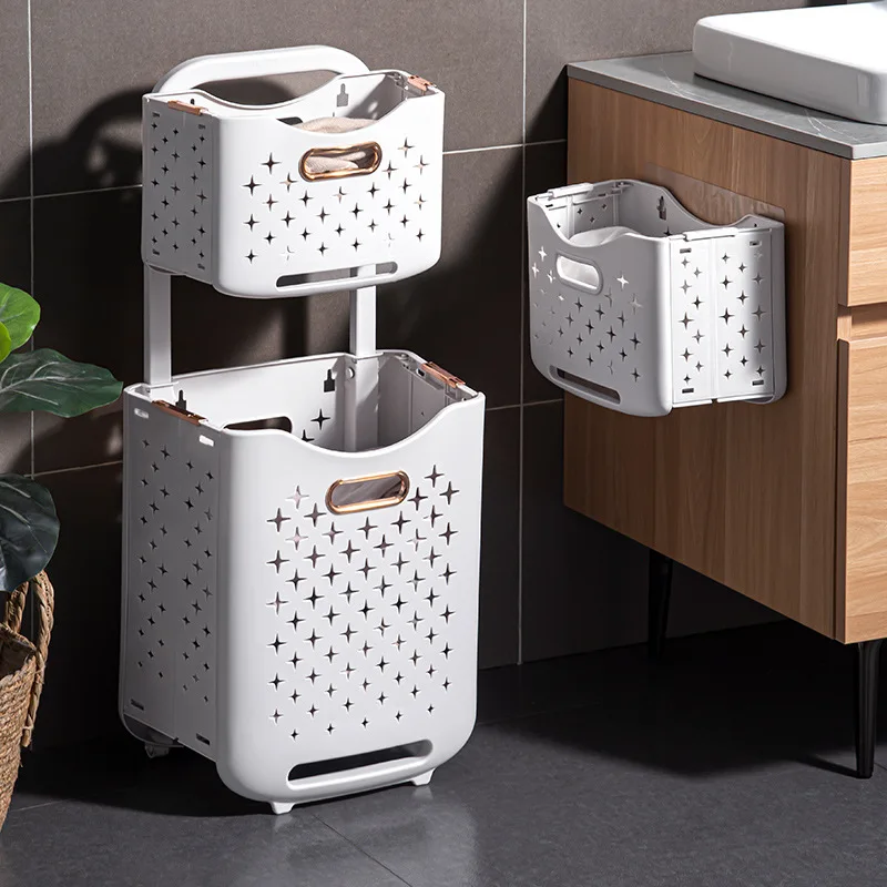 

Double foldable laundry basket Household sorting bathroom with pulley no punch wall type