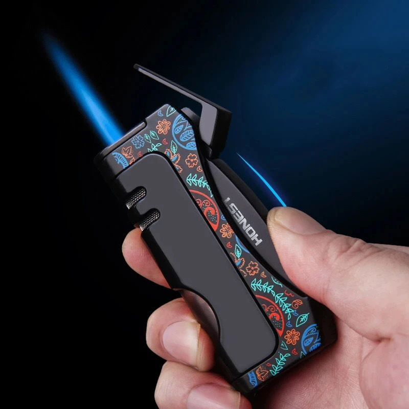 

HONEST Fashionable Butane Gas Turbo Lighter Outdoor Windproof Torch Jet With Folding Cigar Knife Portable Lighter Men's Gift