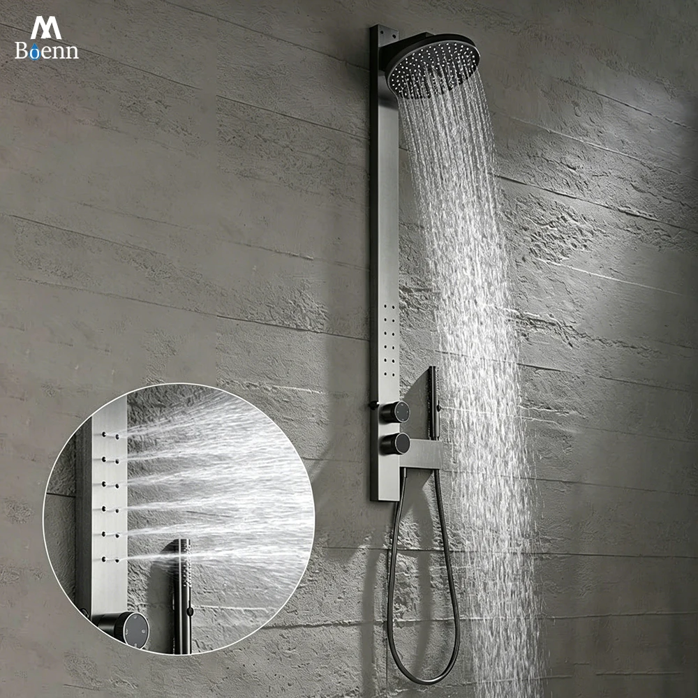 

M Boenn Luxurious Grey Shower System Complete Hot Cold Mixer Rose Gold Shower Head Set Bathroom Showers Faucets Massage Body Jet