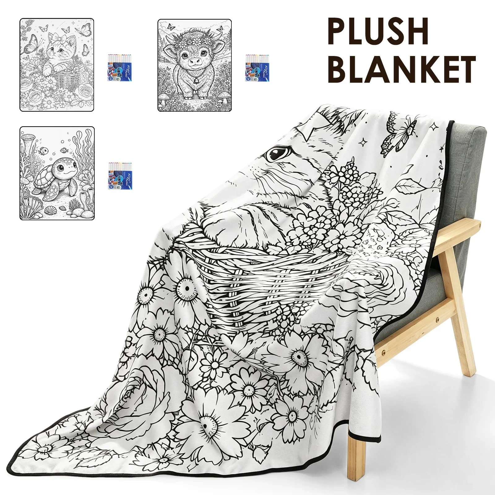 DIY Coloring Blanket with 24 Colored Markers Soft Skin Friendly Creative Blanket Stress Relief Unique Paint art Decor Gift