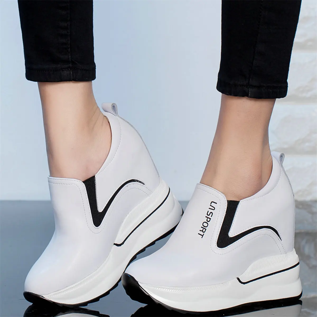 

12cm Super High Heels Party Shoes Women Genuine Leather Wedges Platform Pumps Female Round Toe Fashion Sneakers Casual Shoes