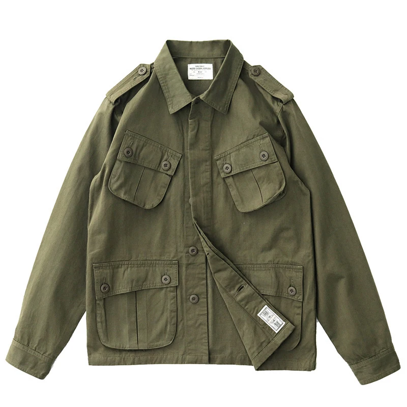 Chaqueta de campo Amekaji Vintage M43 para hombre, chaqueta de manga larga con varios bolsillos y solapa verde militar, chaqueta de punto informal para primavera y otoño