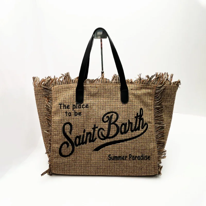 Tote Bag St. Bart\'s Europe and The United States Retro New Women\'s Large-capacity Casual Daily Striped Plaid Tassel Handbag