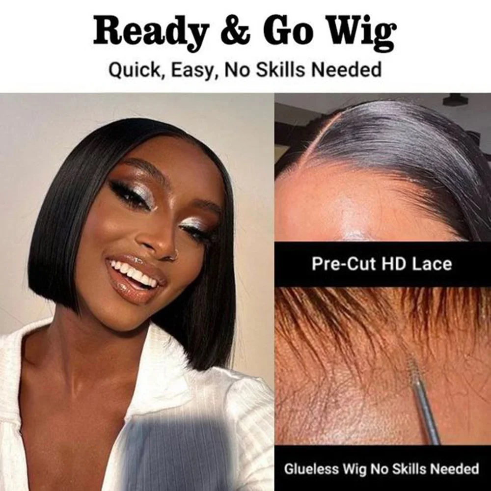 6x4 HD Lace Glueless Bob Wig Human Hair Short Bob Lace Pre Cut Wig Straight Hair 8-16 Inch For Women Pre Plucked Natural Black