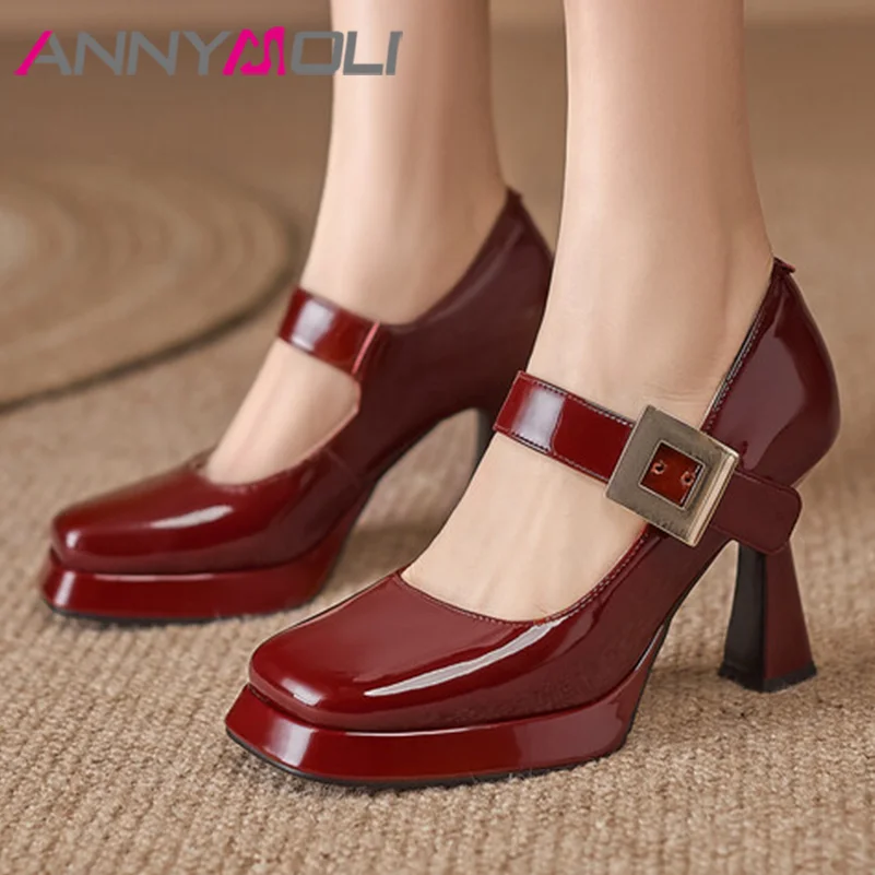 

ANNYMOLI Women Pumps Fashion Platform Spike High Heels Square Toe Mary Janes Metal Decoration Buckle Party Spring Autumn Shoes