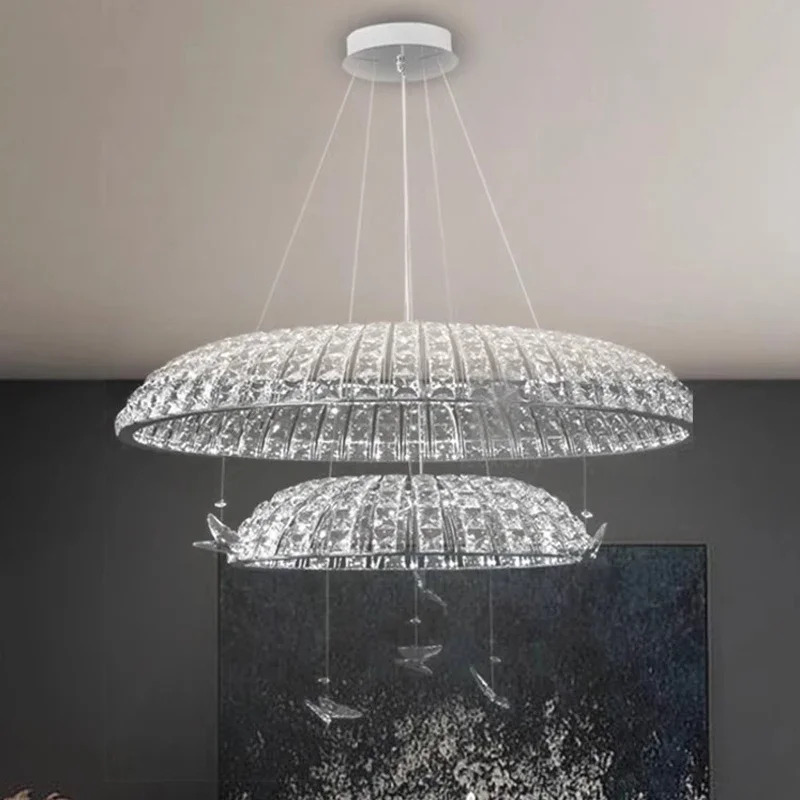 Luxury loft chandelier crystal living room home decor hanging lamp chrome double decker attic led chandeliers 2024 light fixture