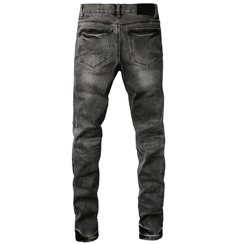 Jeans Merek Tren Amerika Celana Skinny Denim Tambalan Robek Pria Abu-abu Asap High Street Celana Kaki Lurus Melar Musim Panas