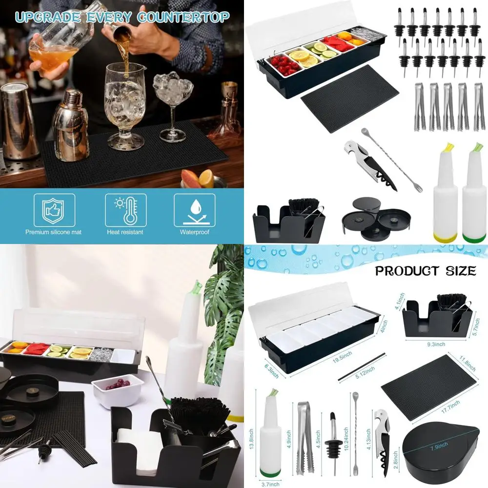 

Complete 28-Piece Bartending Set with Garnish Tray, Lid, Mat, 3-Tier Glass Rimmer, 14 Pourers, 2 Juice Bottles, Stirring Spoon,