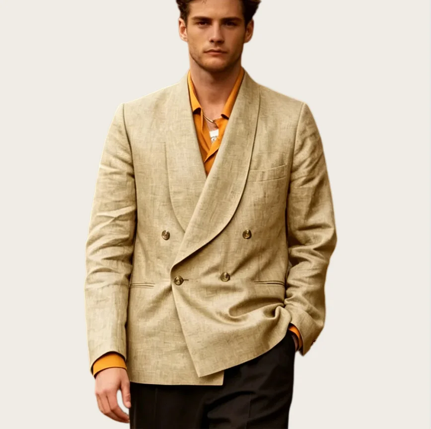 Men Linen Suits Shawl Collar Double Breasted Slim Fit Lightweight Breathable Blazer Casual Jacket Summer Business Wedding Tuxedo