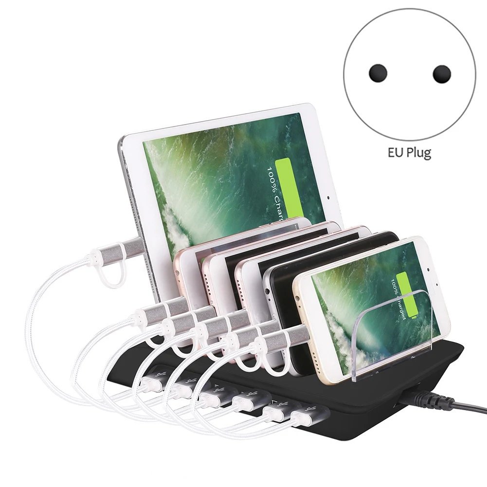 Multiple Ports USB Charger 10.2A Quick Charging Dock Tablet Mobile Phone Charger Stand 10W Wireless Charger Pad EU