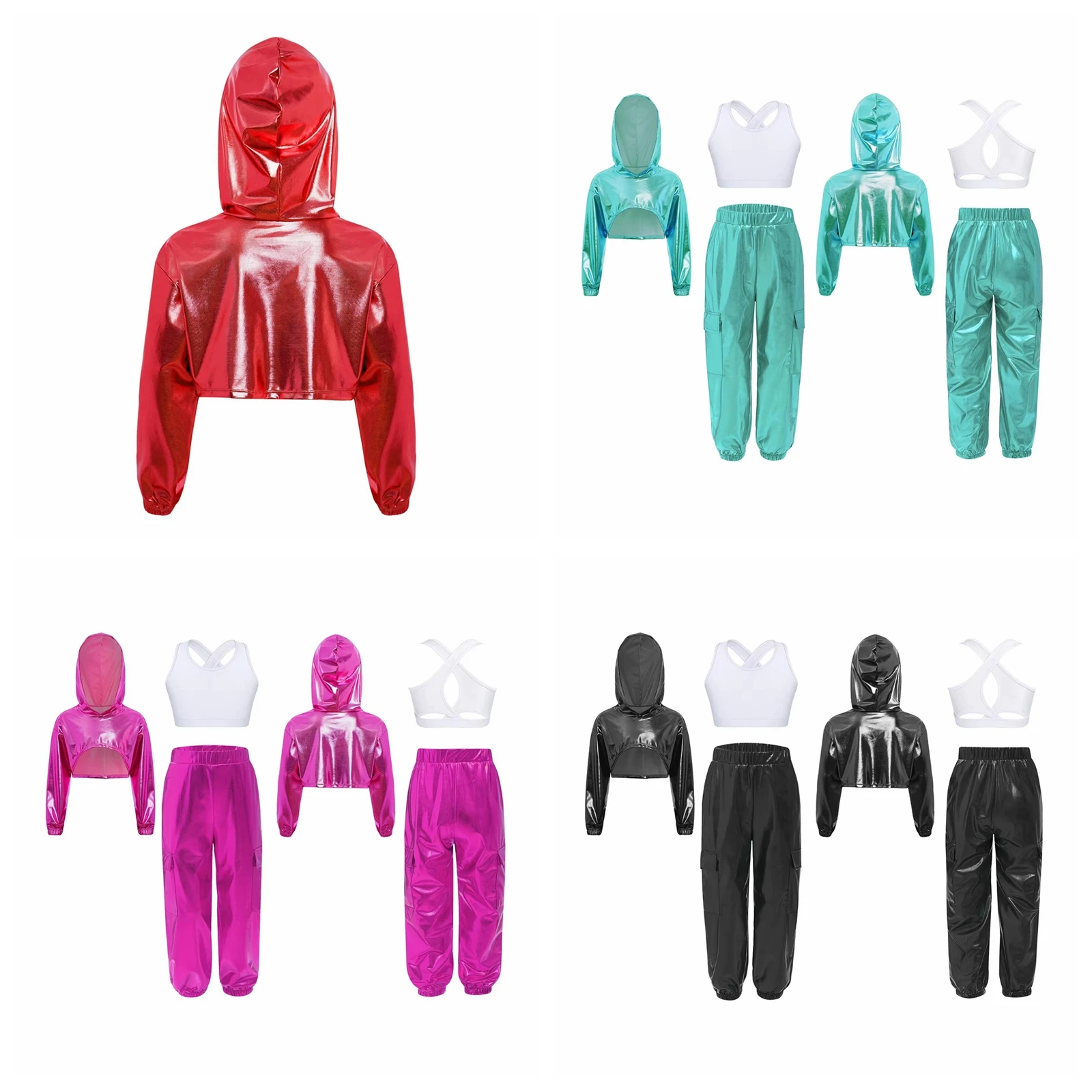 Children Shiny Sequins Dancewear Sets Hippie Festival Metallic Prom Suit Teens Disco Outfit Girls Boys Jazz Dance Party Costumes