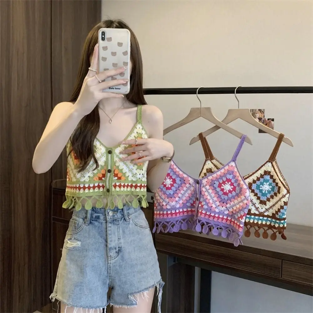 Retro Tassels V Neck Women's Camisole Summer Dopamine Knitted Top Crochet Contrast Color Ethnic Holiday Style