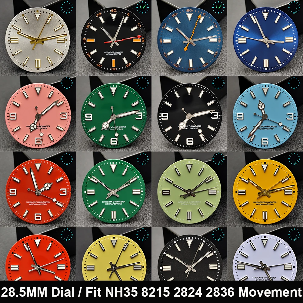 Blue-Green Luminous 28.5mm No Date Watch Dial Hands Custom Logo Watch Face Fit NH35 8215 2824 2836 Movement Watch Accessories