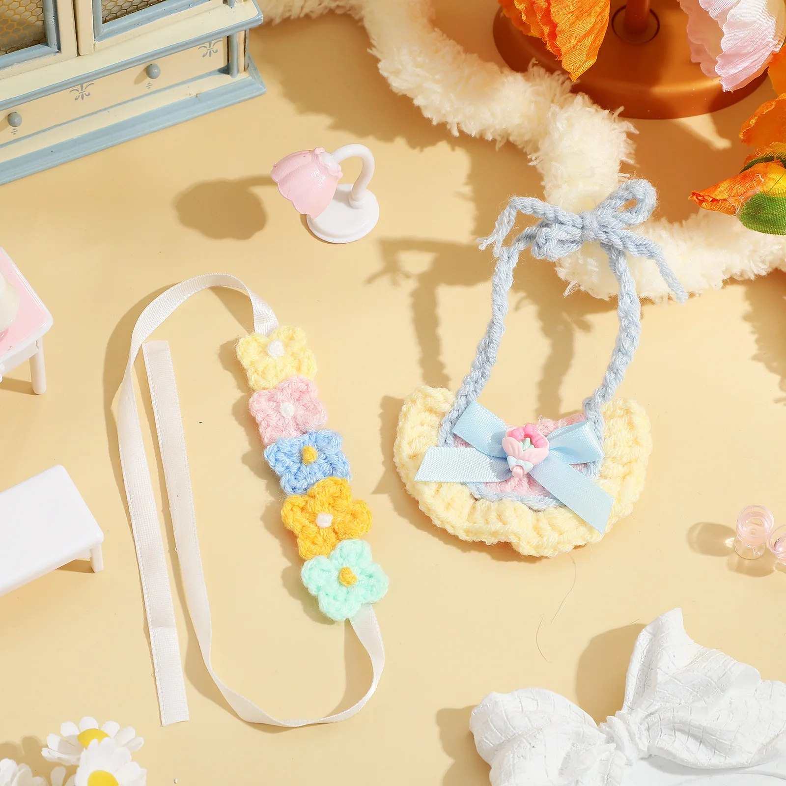 1 conjunto de acessórios para bebê de 17cm, babador com faixa floral para adereços fotográficos e roupas de bebê, roupas de brinquedo
