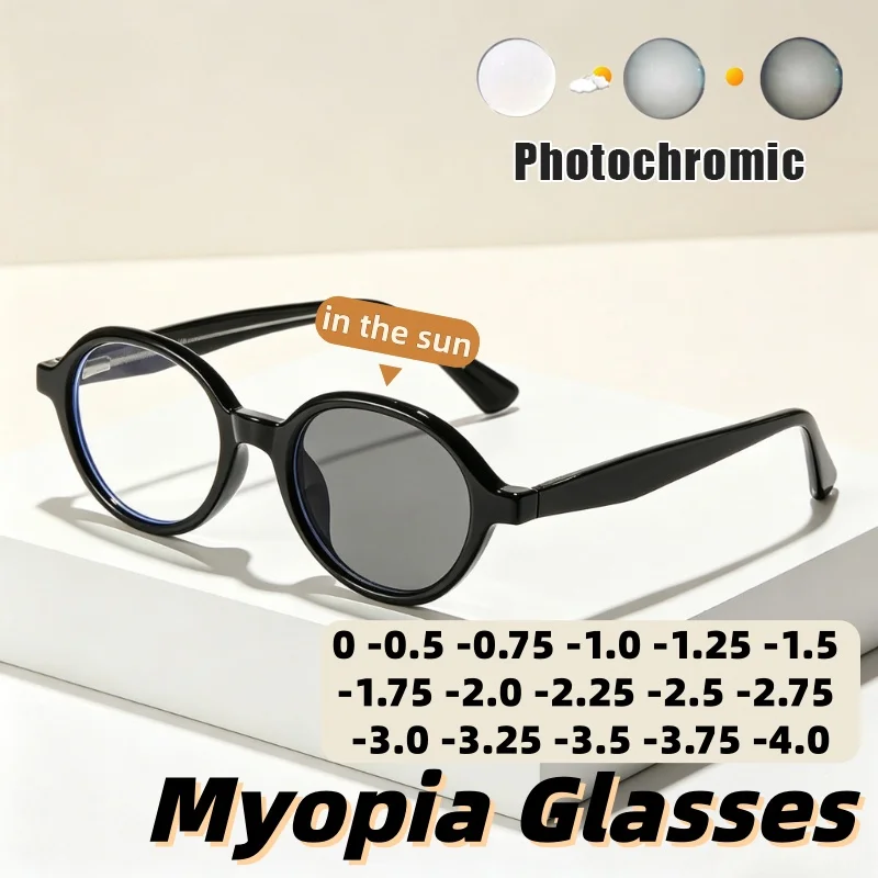 

Stylish Round Frame Photochromic Myopia Glasses High-Definition Comfortable Eyewear with Spring-Loaded Temples 0 To -4.0