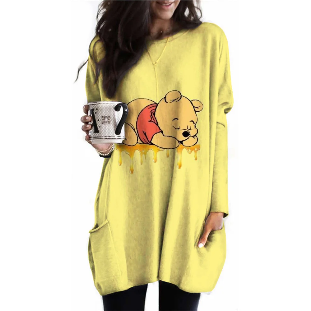 2024 Spring and Autumn Women\'s Daily Sports Shirt Disney Winnie the Pooh Long Sleeve Loose Casual Solid Color Fashion Hoodie Spo