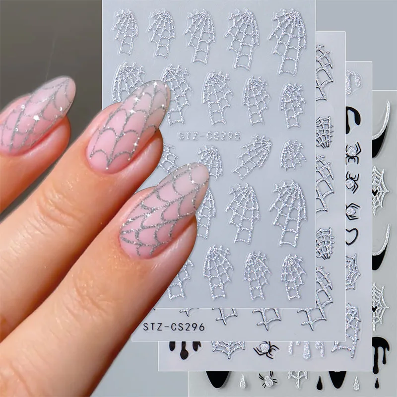4pcs Sparkly Holographic Spider Web Nail Art Stickers Glitter Spider Wave Line Heart Adhesive Sliders Halloween Nail Decals