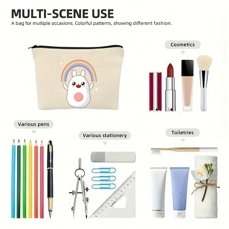

1PC Cute Rainbow Bunny Double-Sided Canvas Makeup Bag, Portable Travel Zipper Cosmetic Pouch