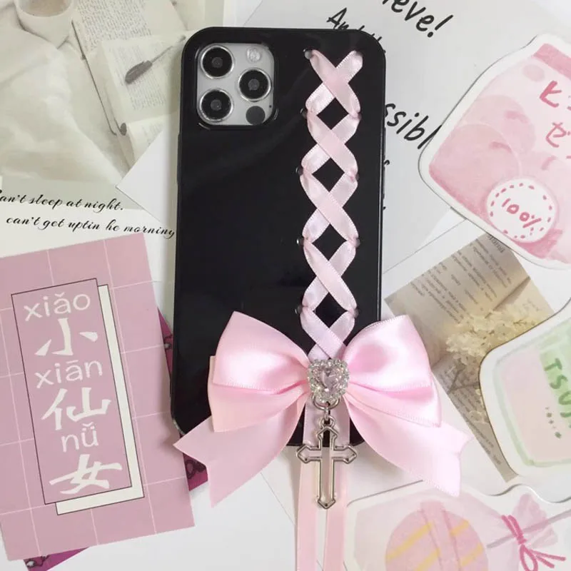 Ballet Style Elegant Pink Ribbon Handmade Soft Case for iPhone Samsung Custom Black Cover Phone Case