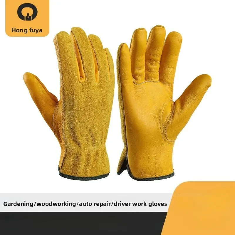 Leather Work Gloves For Men Yellow Cowhide Heavy Duty Safety Protective Driver Working Welding Mechanic Gloves