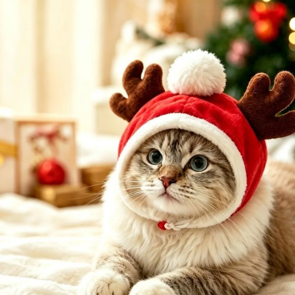 Christmas Theme Dog Reindeer Hat Warm Noise Reduction Pet Calming Hood Adjustable Soft Pet Head Cover Hearing Protection