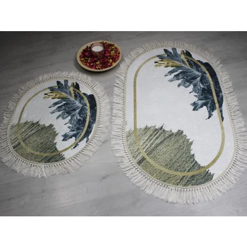 Dowry Wonderland Oval Fringed 2'li Bath Mat Pad Black Leaf Cream