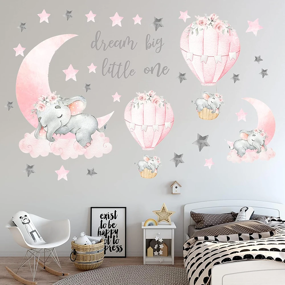 Dream Big Little One Elephant Moon Wall Sticker Baby Nursery Hot Air Balloon Stars Animal Wall Decal Bedroom Home Decor