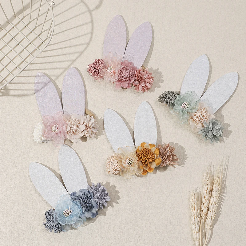

New Artificial Flower Baby Headband Newborn Boys Girls Easter Rabbit Ears Nylon Hair Bands Sweet Cute Princess Hair Accessories