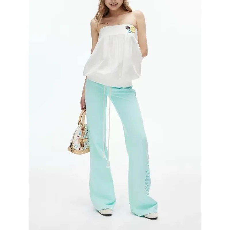 Mint Green Print Low-rise Casual Pants Spice Girl Slightly Spicy and Thin Flared Pants Ins Autumn New Straight Trousers