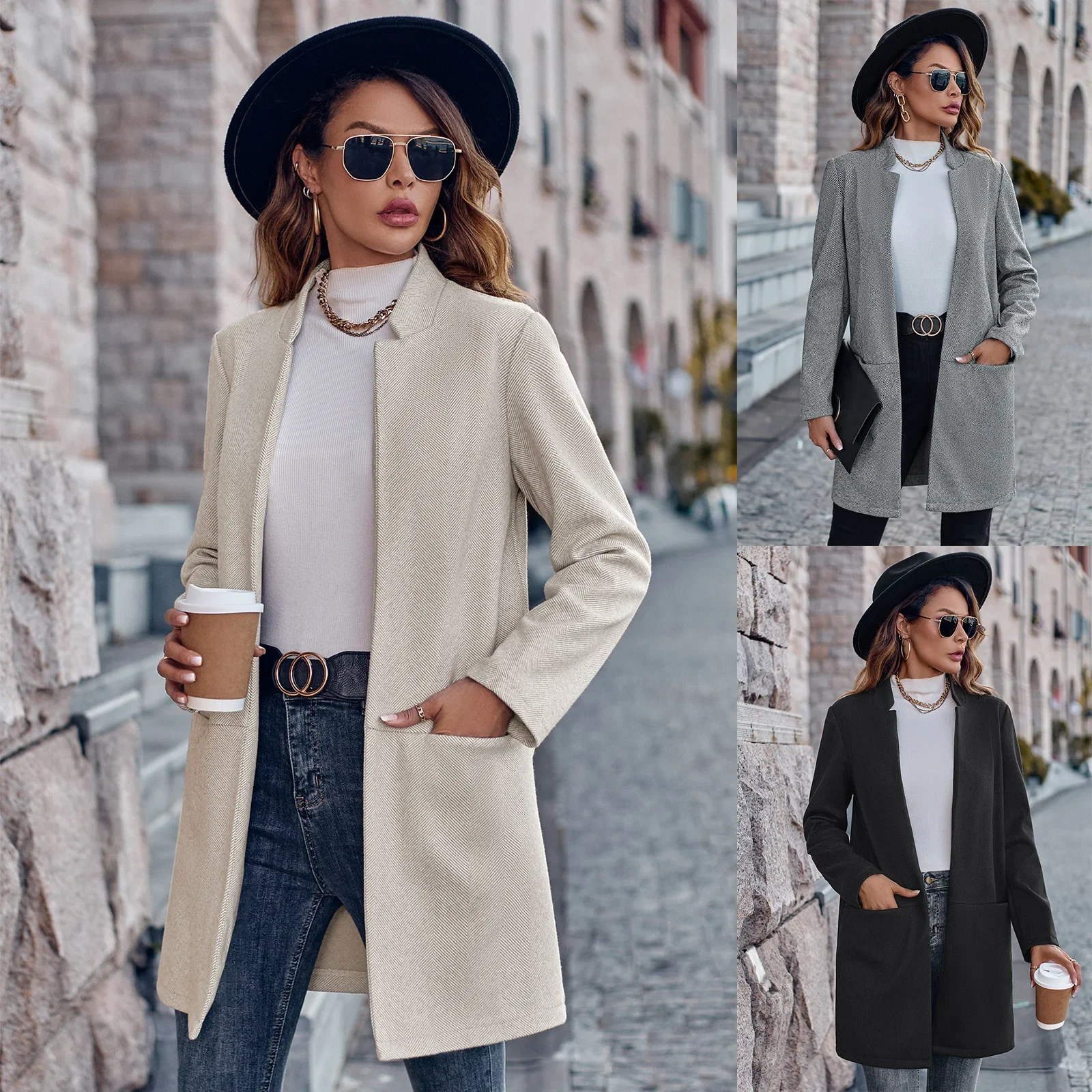 

1 Euramerican Elegant Woolen Women Long Sleeve Streetwear Korean Fashion Jackets Solid Slim Button Factory Seller Coats