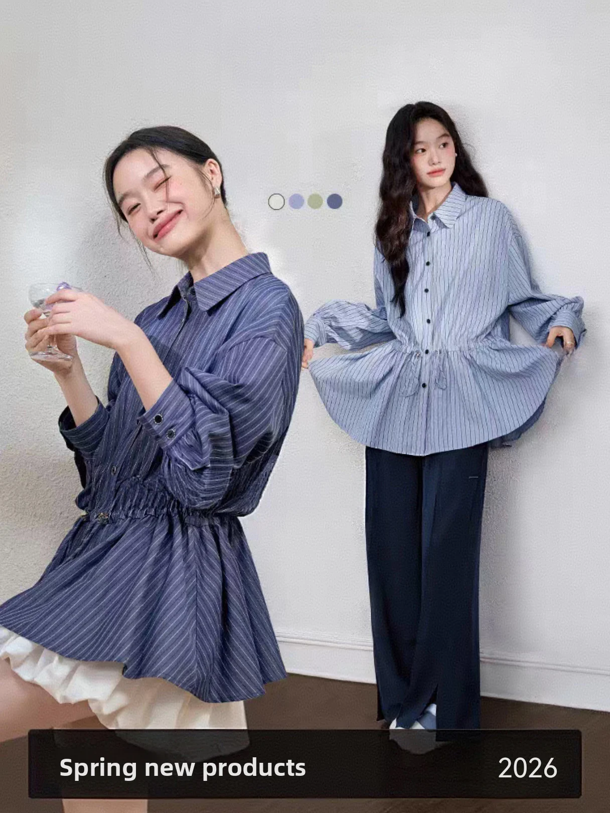 

Blue Ele Waist-Cinching Long Sve irt Cardigan Turn-down Collar Women's Striped irt Spring New Sle Commute Sle ...