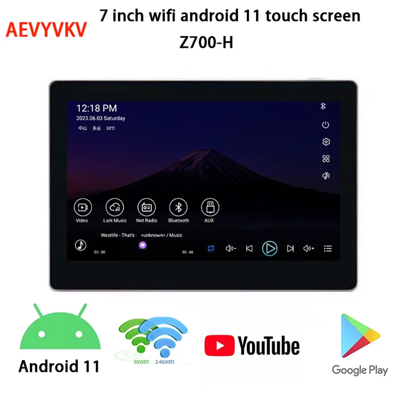 7 inch wifi android 11 touch screen TF card mini USB google play youtube spotify online video wall amplifier panel bluetooth