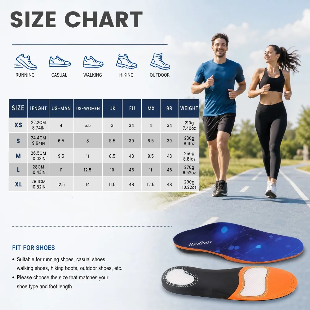 RooRuns Orthopedic Arch Support Insoles PU Gel Shock Absorption Sport Shoe Inserts for Flat Foot Correction Feet Pain Care