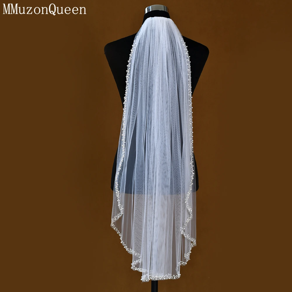 MMQ Refers To Long Pearl Rhindiamonds Beaded Edge Bridal Veil Waltz Wedding Accessories White Soft Tulle Ladies Outdoor  M77