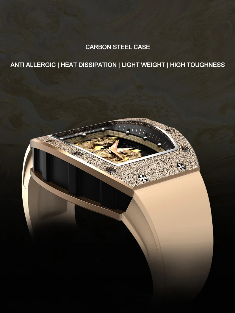 CRONUSART Men Automatic Watch 50mm*42mm Tonneau Mechanical Wristwatch Luminous Fluororubber Strap Gold Dragon Dial