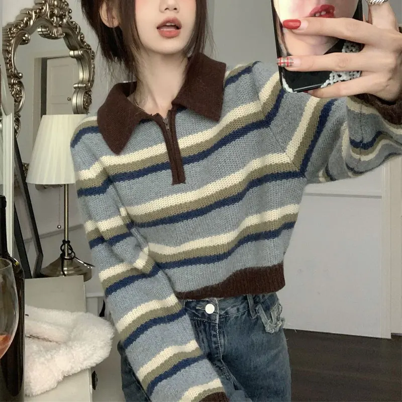 Vintage Polo-Neck Zipper Sweaters Women\'s Clothing Contrasting Colors Striped Autumn Winter Long Sleeve Loose Knitted Jumpers