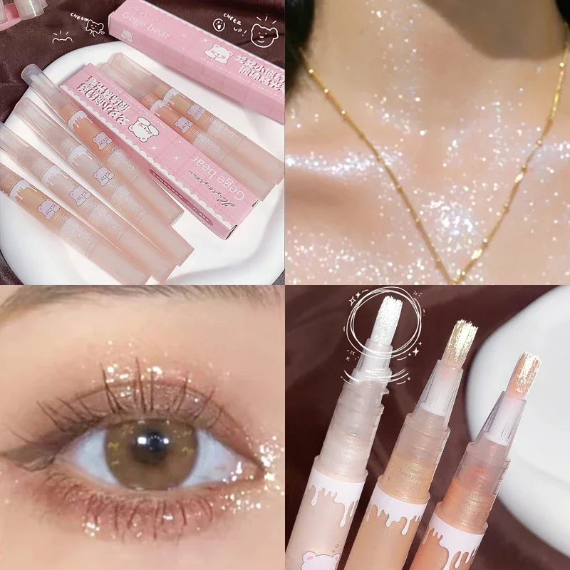 Lindo oso líquido de alto brillo, pinceles suaves de alta calidad, resaltador de maquillaje para la cabeza, iluminador de ojos y nariz, cosméticos