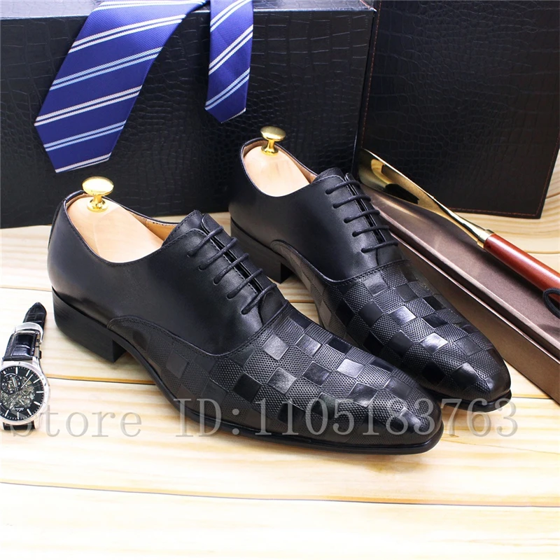 Classic White Black Checkered Oxford Shoes for Men Genuine Leather Round Toe Lace-Up Formal Dress Shoes for Wedding & Party