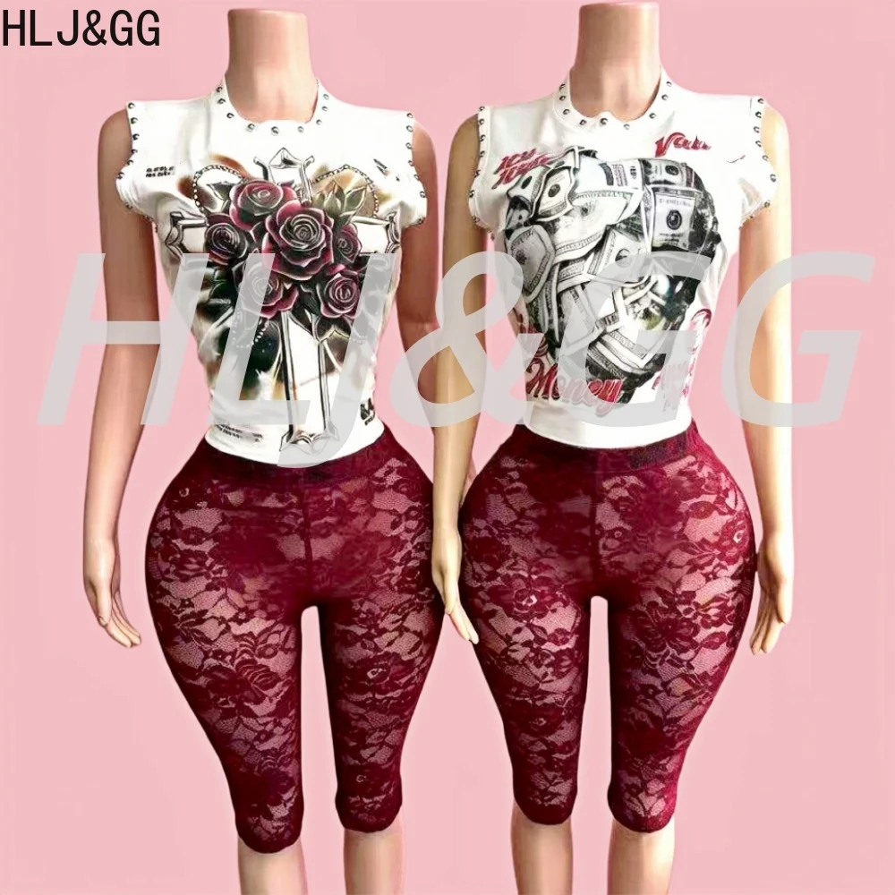 HLJ&GG Y2K Trend Letter Pattern Rivet Tshirts Two Piece Sets Women Sleeveless Top And Lace See Though Shorts Outfits Streetwear