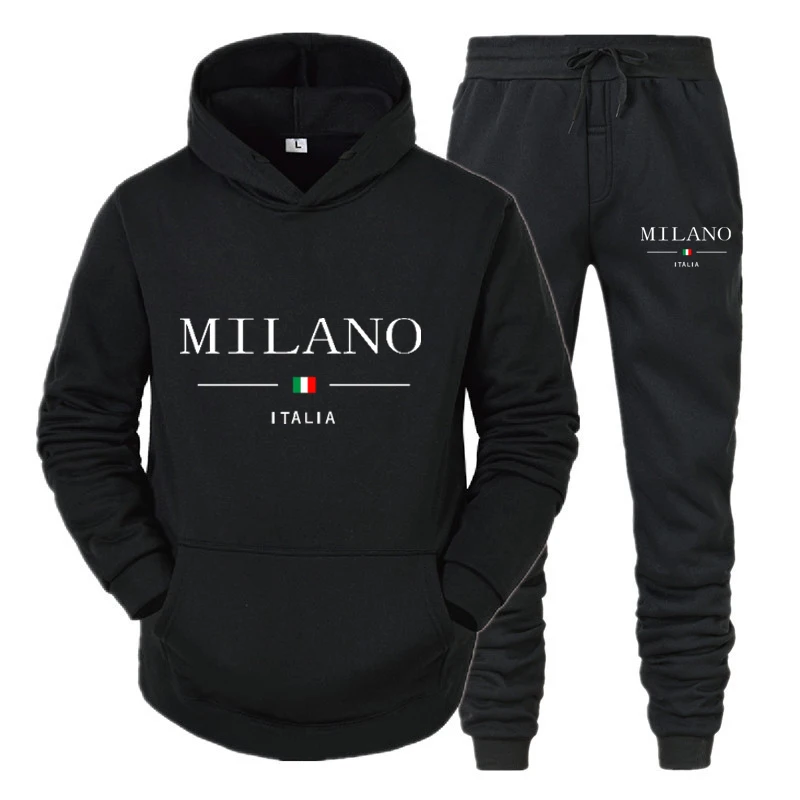 Fashionable Men\'S Hoodie Set Milan Print Luxury Sweatshirt + Pants 2-Piece Casual Suit Harajuku Street Jogging Sportswear Suit