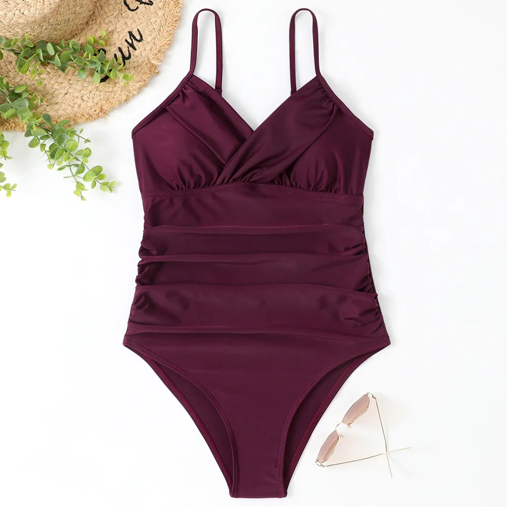 Swimsuit Sexy Plain Cross-fold Tight One-piece Bikini European and American Foreign Trade Swimsuit Cw24099