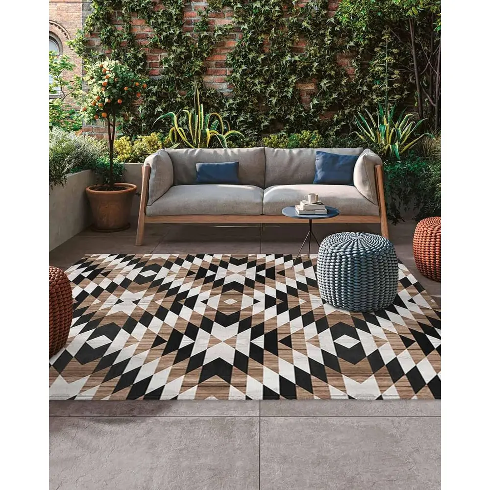 

Ethnic Brown Geo Pattern Outdoor Rug for Patio, Deck, and Backyard with Anti-Slip and Absorbent Features