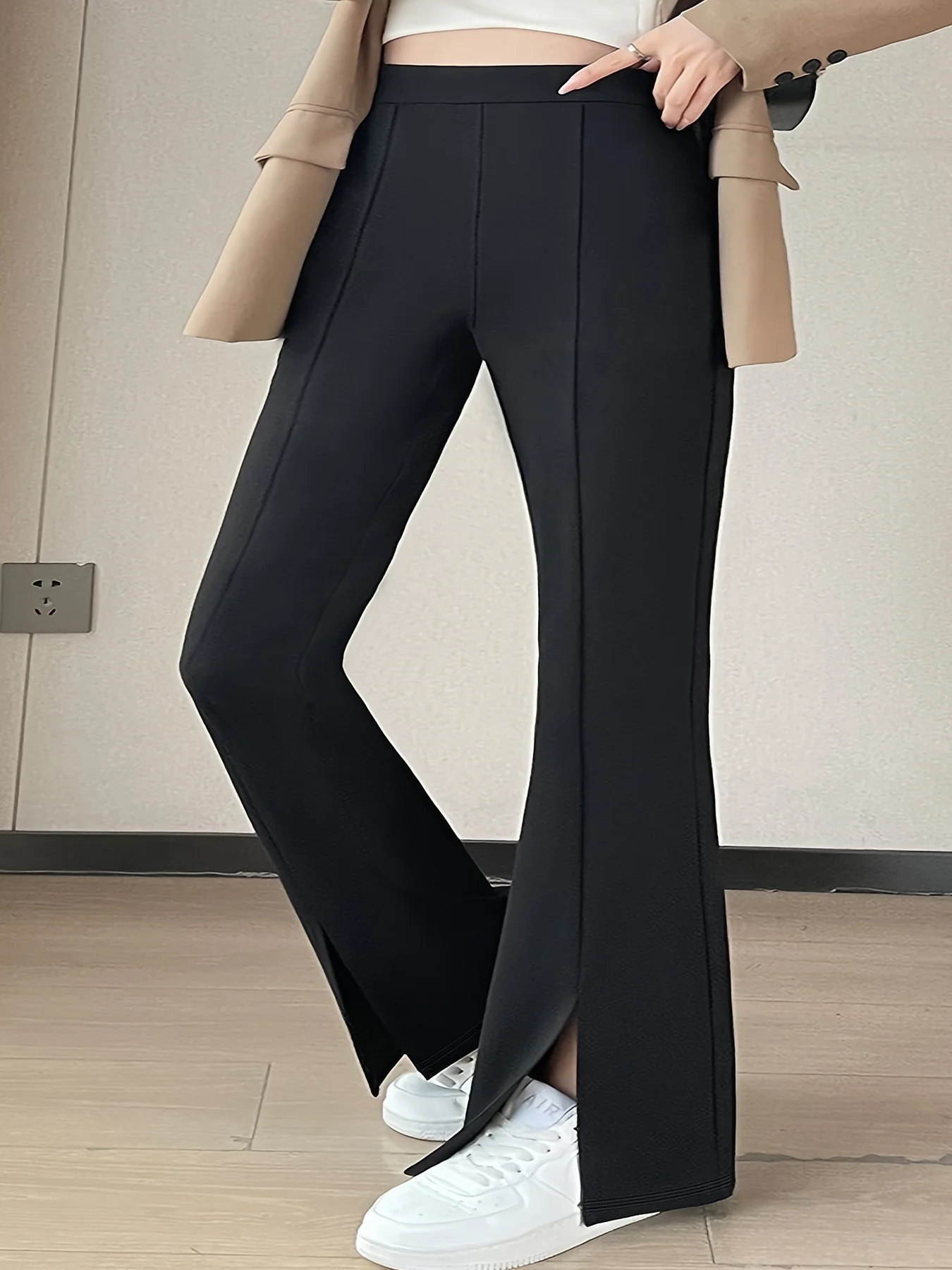 2024 Spring and Autumn Fashion New Women\'s Plus Size Slit Design Solid Color Straight Pants Nine Minute Pants