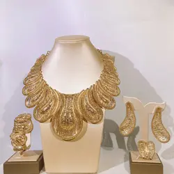 Gold Jewelry Plated 24k Original Women's Necklace Personality Large Necklace Earrings Ring Bracelet Wedding Banquet Gift H00292