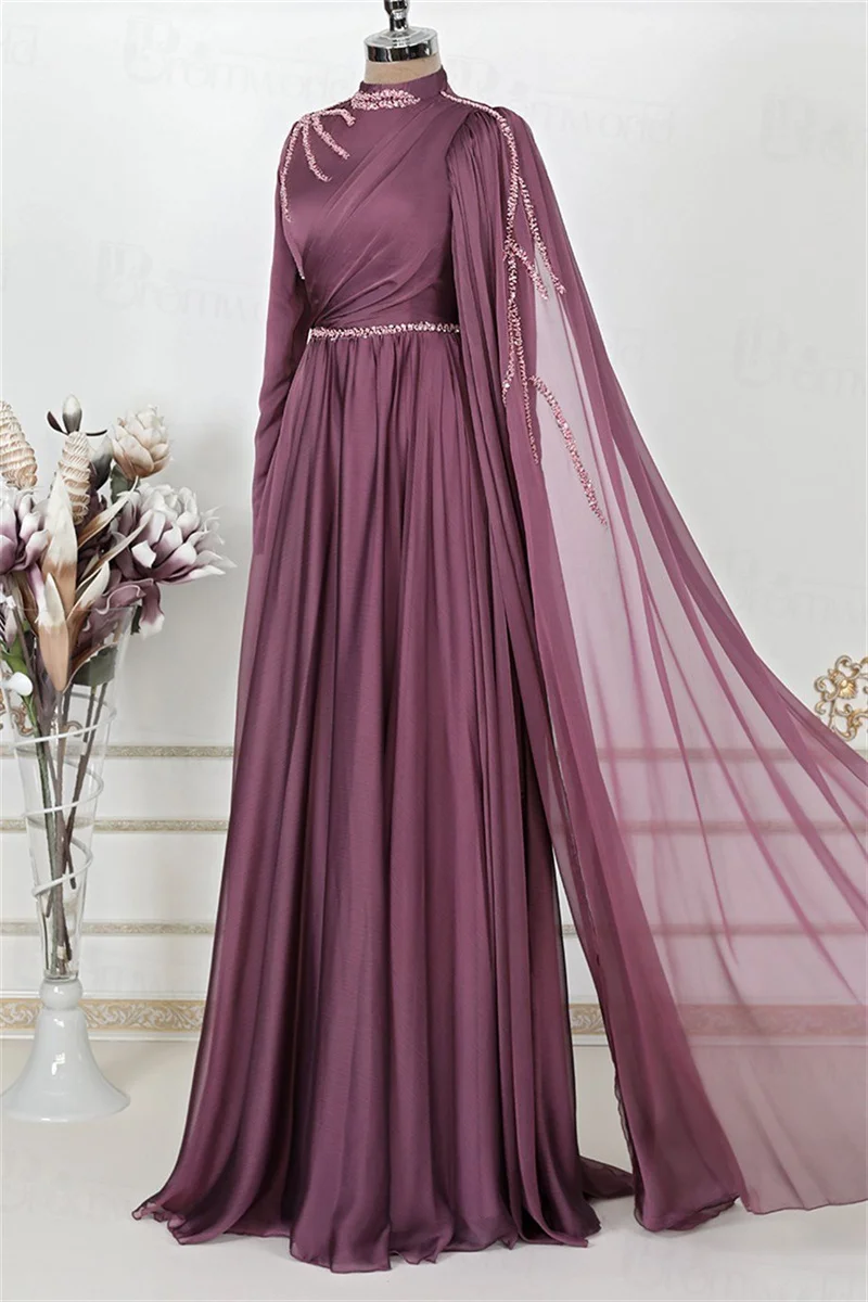 Classic A-Line Beading Chiffon Muslim Formal Dress High Neck Evening Gown Full Sleeves Wedding Guest Dresses for Women Abiye