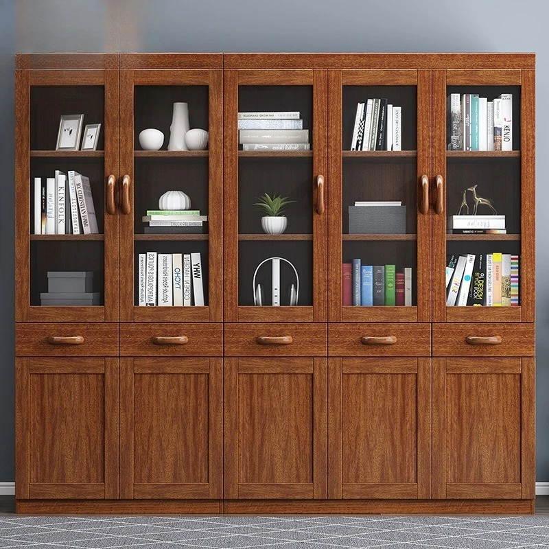 Walnut solid wood modern simple Chinese bookcase two three four door combination bookcase storage bookshelf with drawers study