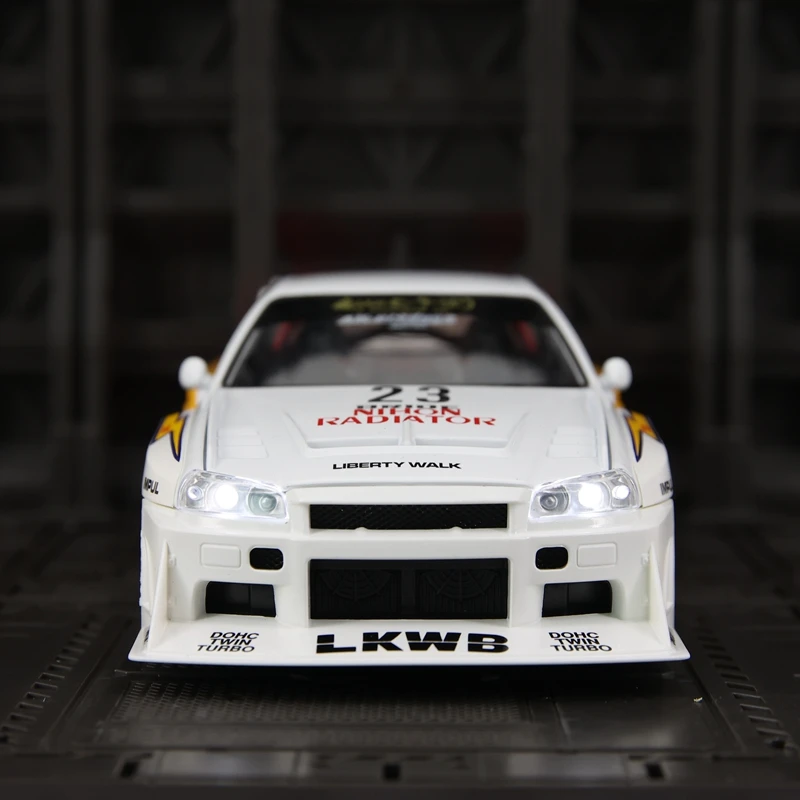 

1:24 Nissan GT-R34 Alloy Car Model doors and the front hood and trunk door can be opened has simulated sound and lighting