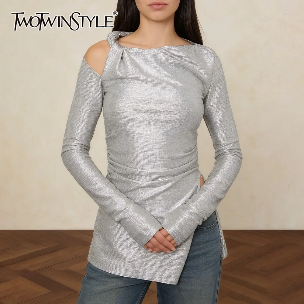 TWOTWINSTYLE Silver Spliced Folds T Shirt Female O Neck Long Sleeve Loose Streetwear Design Women's T Shirts Autumn Fashion New