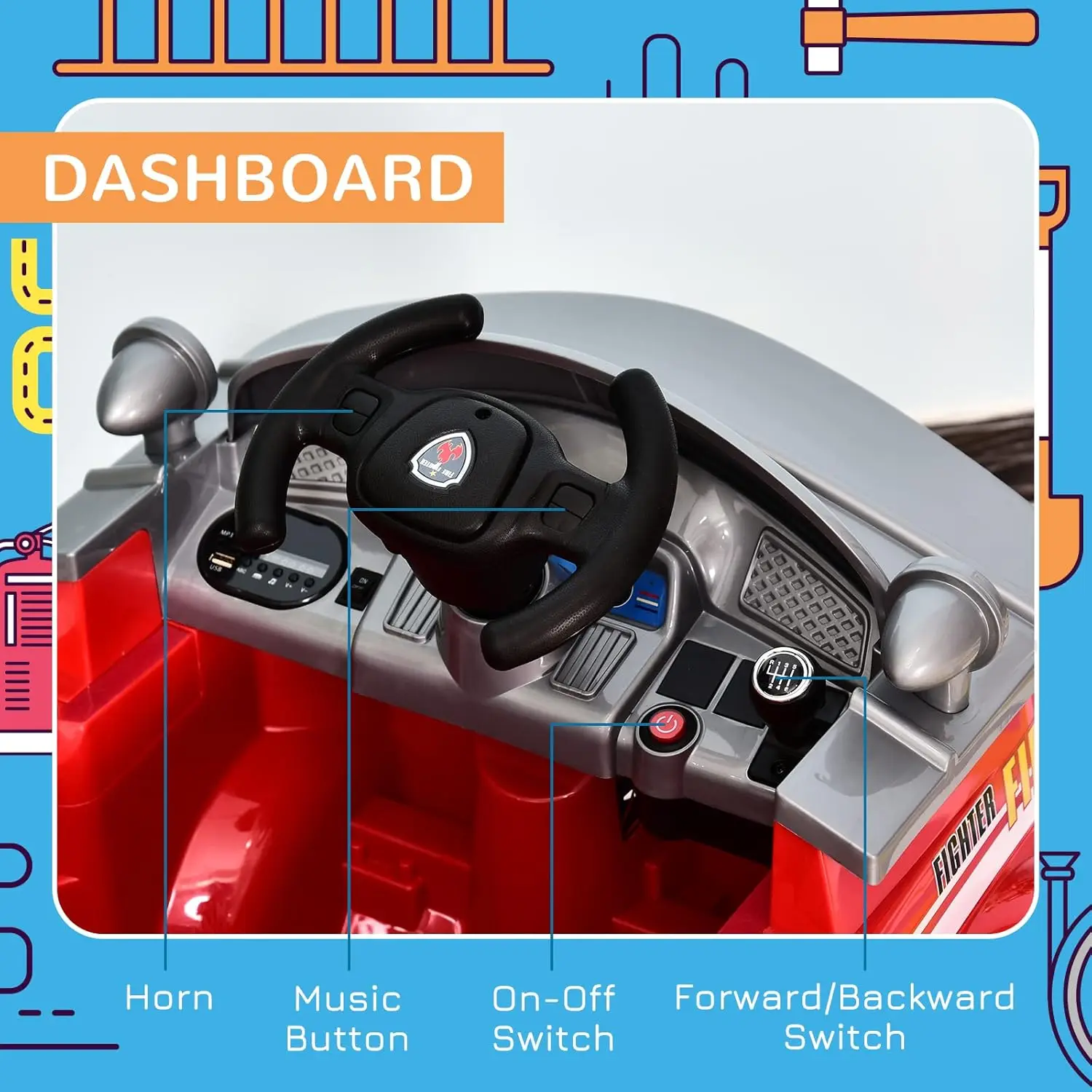 Camion de pompier pour tout-petits 6V, véhicule électrique pour enfants avec télécommande, musique, lumières et échelle