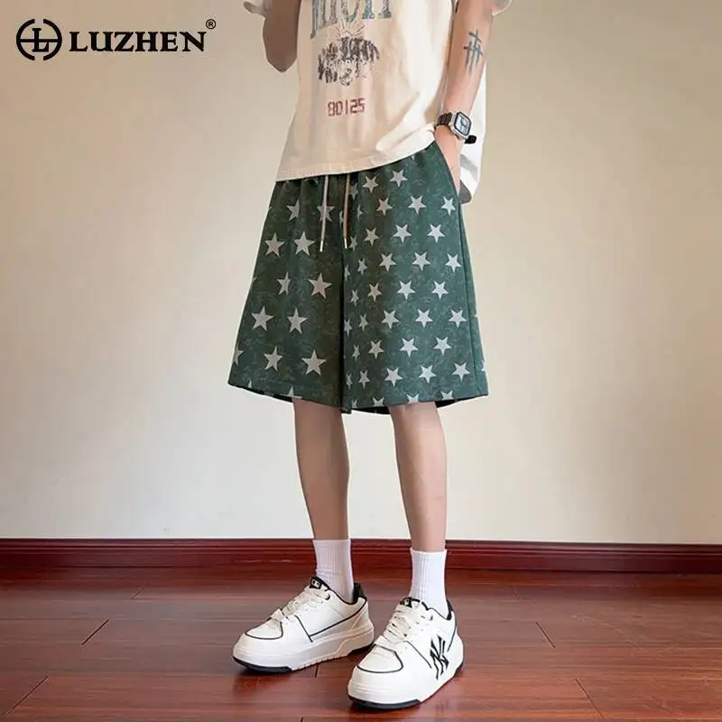 

LUZHEN 2026 Summer Korean Style Pentagram Printed Straight Five-pointed Pants Men's Fashion Elastic Waist Casual Shorts JY6698